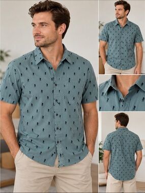 The North Face Men’s Teal Short Sleeve Button Down Shirt Navy Print Size M NWT